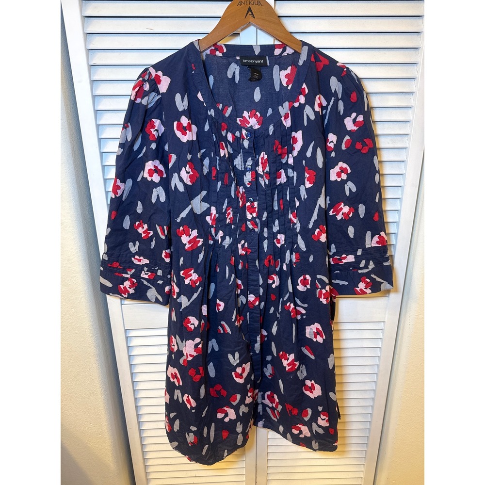 Lane Bryant Navy Blue Floral  Button Front Cotton Tunic Top Plus Size 14/16